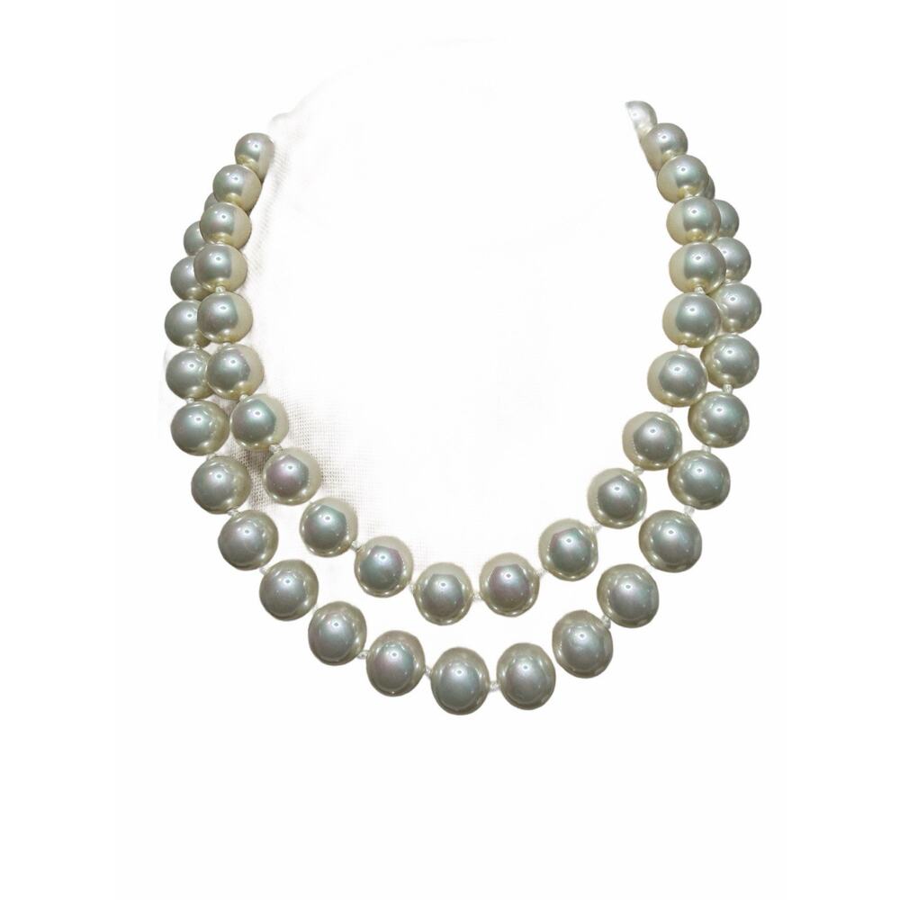 SIGNED CAROL LEE 925 HUGE 10 MM. IRIDESCENT LUSTRE GLASS PEARL KNOTTED NECKLACE